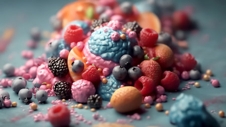 Illustrative fruit and berry banner with ice cream vitamin summer food advertisement. generated with AI.の素材