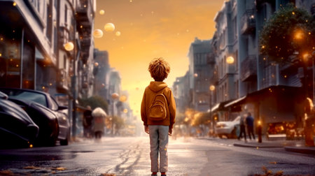 The problem of loneliness in a big city. A little boy stands on the street with his back to the viewer. Illustration generated by AI.の素材