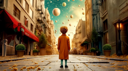 The problem of loneliness in a big city. A little boy stands on the street with his back to the viewer. Illustration generated by AI.の素材