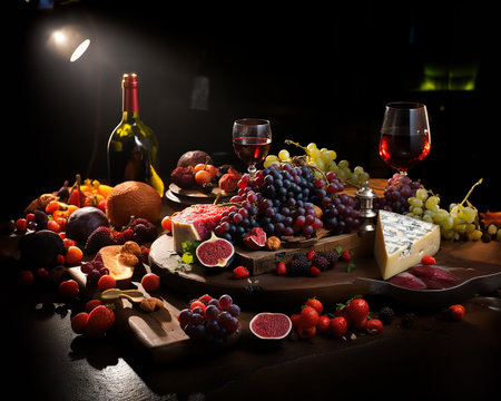 Grocery layout on a wooden table in warm brown tones cheese delicacies with fruit and wine, illustration. generated with AI.の素材