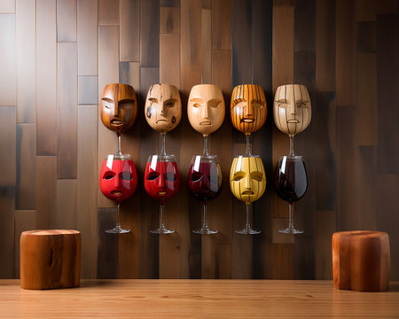 Bar counter with wine glasses on the shelves, illustration of relaxation in the bar. generated with AI.の素材