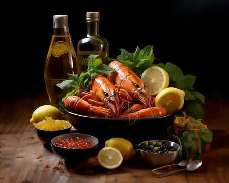 Food layout on a wooden table in warm brown colors seafood with lemon, herbs and wine, illustration. generated with AI.の素材