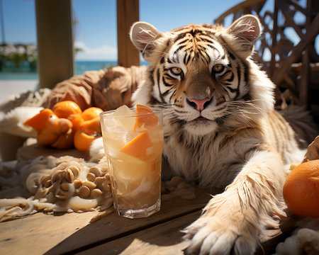 Tigress on vacation on the beach with a cocktail, ice cream, photographic clarity, bright day. Web banner, illustration. Created with AI.の素材