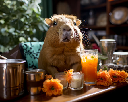 Capabara on vacation on the beach with a cocktail, photographic clarity, bright day. Web banner, illustration. Created with AI.の素材