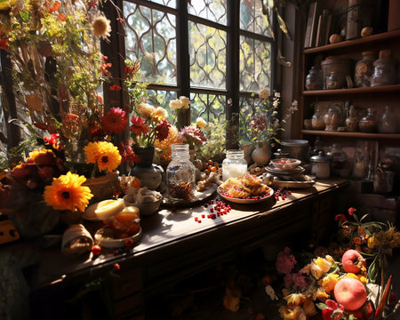 Bright colorful illustration of a serving table in the kitchen with ready meals for Thanksgiving celebration. Image generated by AI.の素材