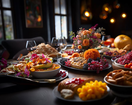 Bright colorful illustration of a serving table in the kitchen with ready meals for Thanksgiving celebration. Image generated by AI.の素材