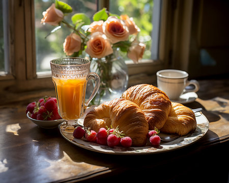 Bright colorful illustration of a set table with pastries and drinks, flowers. Image generated by AI.の素材