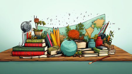 Student banner in a modern style, studying at school, advertising an educational institution. Illustration generated by AI.の素材