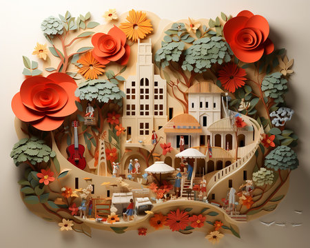 Musical banner in the style of paper origami, a concert in the garden in nature. Illustration generated by AI.の素材