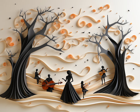Musical banner in the style of paper origami, a concert in the garden in nature. Illustration generated by AI.の素材