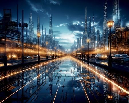 Abstract conceptual illustration of a modern digital neural metropolis. Generated with AI.の素材