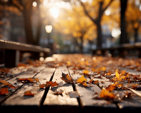 Orange and yellow dry leaves on wooden boards against the background of blurred foliage of trees in a beautiful autumn park. generated with AI.の素材