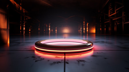 Round modern neon podium in an imaginary virtual studio, illustration for presentations. generated with AI.の素材