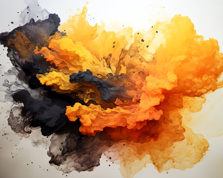 Black brown burnt orange fiery yellow abstract watercolor bright artistic background for design. AI generation.の素材