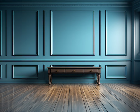 Minimalist room interior with wall and floor copy space with table and lamp in blue tones, illustration. AI generated.の素材