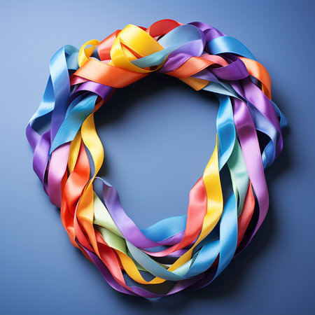 Beautiful multicolored silk ribbons twisted into a ring, artistic element, background for banner, web design project. AI generated.の素材
