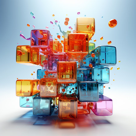 Beautiful multi-colored lacquered transparent cubes float in the air, artistic element, background for banner, web design project. AI generated.の素材