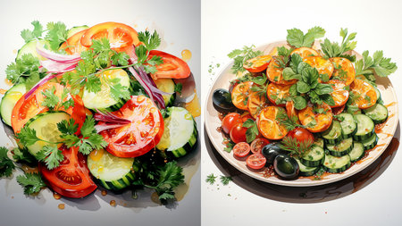 Beautiful watercolor illustration of a vegetable salad, healthy eating, vitamins every day, banner design for a grocery website. AI generated.の素材