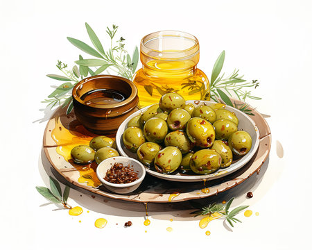 Watercolor illustration of olives, olive oil in a bottle, oil splashes, healthy eating banner. AI generated.の素材