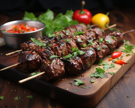 Shish kebab is a dish of marinated and fried meat on skewers, popular in the regions of Central Asia and the Caucasus.. AI generated.の素材