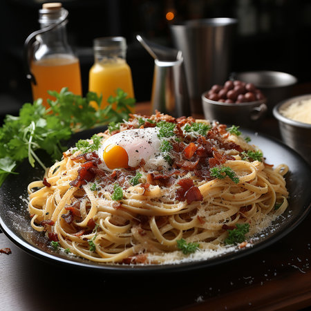 Spaghetti carbonara is an Italian dish made with guanciale (pork cheek), parmesan, eggs and spaghetti. .AI generated.の素材