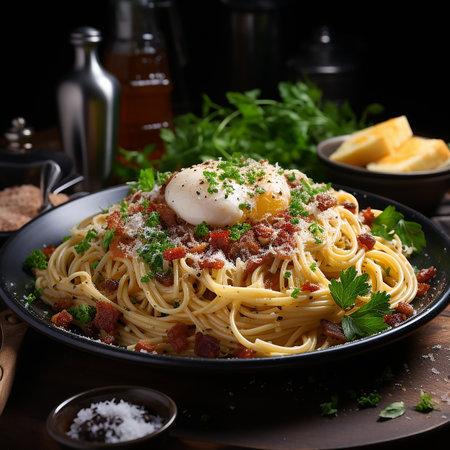 Spaghetti carbonara is an Italian dish made with guanciale (pork cheek), parmesan, eggs and spaghetti. .AI generated.の素材
