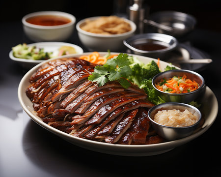 Peking duck is a Chinese dish where the duck is fried until crispy and served with flatbread, hoisin sauce and vegetables. AI generated.の素材