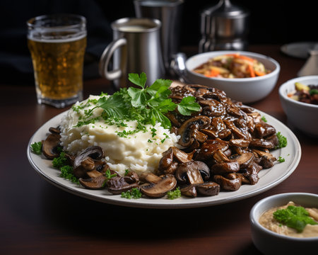 Beef Stroganoff is a Russian dish of beef fried with onions, mushrooms and sour cream. AI generated.の素材