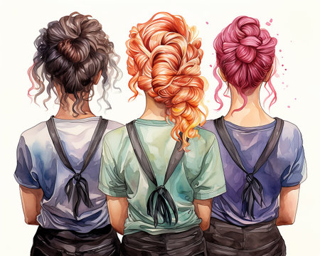 Watercolor illustration modern fashionable youth women's hairstyles, abstract women portrait, hair salon banner sign. AI generated.の素材