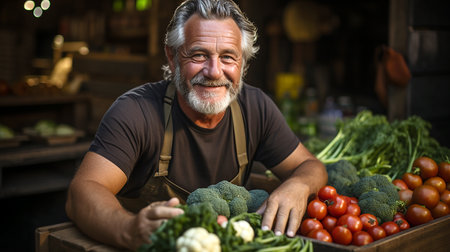 Happy smiling farmer next to his organic products grown and harvested in autumn. Farm produce illustration. AI generated.の素材