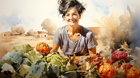 Happy smiling woman farmer next to her organic products grown and harvested in autumn. Farm produce illustration. AI generated.の素材