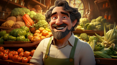 Happy joyful farmer next to the fruits of his labor in the field. Stylized illustration of ecological farming agriculture. AI generated.の素材