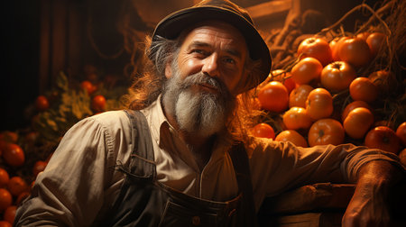 Happy joyful farmer next to the fruits of his labor in the field. Stylized illustration of ecological farming agriculture. AI generated.の素材