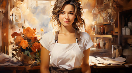 Young beautiful woman owner of a flower shop. Small business illustration. AI generated.の素材