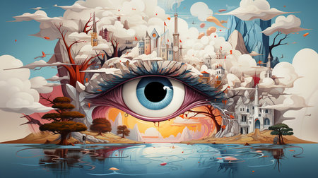 Illustrative visualization of symbolism and surrealism, the game of the idea of illusion and reality, cognitive errors in the perception of reality by the brain. Stylized illustration, wide format. AI generated.の素材