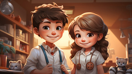 Cute children's cartoon characters. Illustration of a happy boy and girl playing in the house. AI generated.の素材