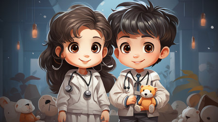 Cute children's cartoon characters. Illustration of a happy boy and girl playing in the house. AI generated.の素材