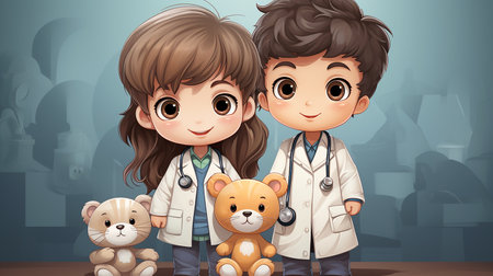 Cute children's cartoon characters. Illustration of a happy boy and girl playing in the house. AI generated.の素材