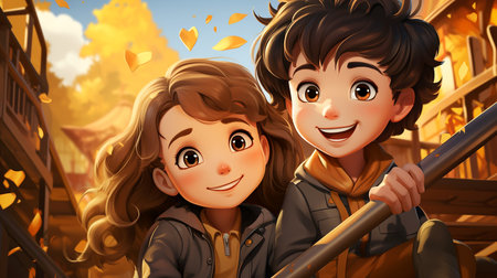 Cute children's cartoon characters. Illustration of a happy boy and girl playing outdoors. AI generated.の素材