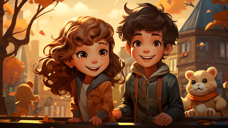 Cute children's cartoon characters. Illustration of a happy boy and girl playing outdoors. AI generated.の素材