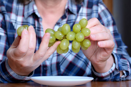 The hands of an elderly woman holds a small brush of white seedless grapes and displays them in the kitchen at a brown table, without a face, close-upの写真素材