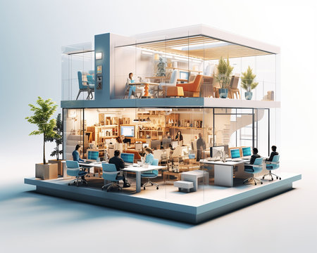 Startup team working in the office of accelerated development of the project, illustration, non-existent people. AI generated.の素材