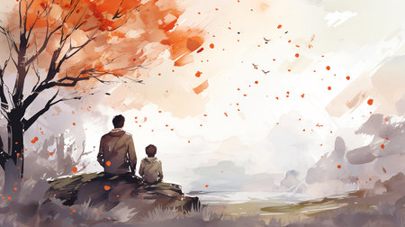 Wide format banner art illustration greeting watercolor card Happy Father's Day. Father walks with his son. AI generated, additional processing.の素材