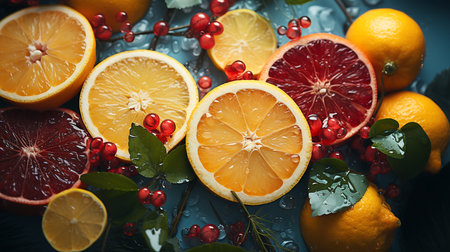 Bright fruit and berry banner, illustration of a healthy lifestyle, fortified nutrition. Generated by AI.の素材