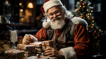 Santa Claus with gifts, creative image in the office with a mountain of gifts in boxes, smiling and wishing Merry Christmas, holiday illustration. Generated by AI.の素材