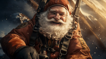 Santa Claus with gifts, creative image of a parachutist, smiling and wishing Merry Christmas, holiday illustration. Generated by AI.の素材