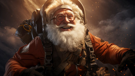 Santa Claus with gifts, creative image of a parachutist, smiling and wishing Merry Christmas, holiday illustration. Generated by AI.の素材