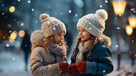 Beautiful picture illustration of two beautiful girls walking on a winter day with festive glare and lights. Generated by AI.の素材