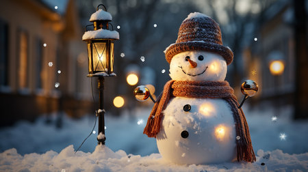 Beautiful picture illustration of a funny cute snowman standing in the snow on a background with festive highlights and lights. Generated by AI.の素材