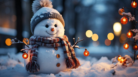 Beautiful picture illustration of a funny cute snowman with festive highlights and lights. Generated by AI.の素材